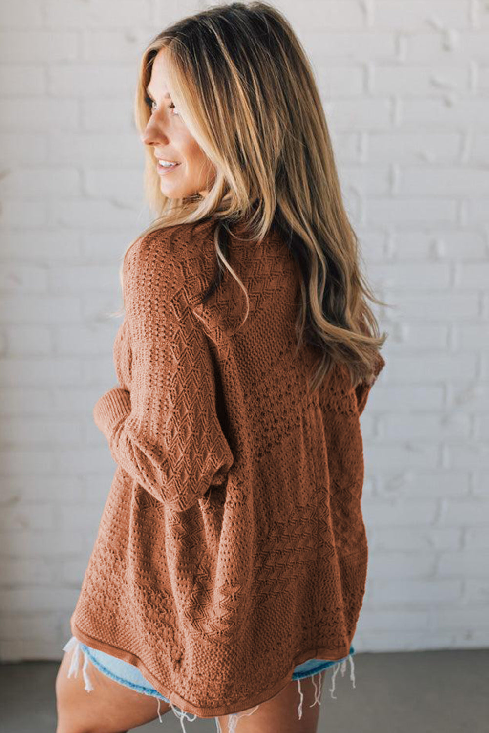 Redwood Burl Mix Pattern Hollow Knit Open Front Cardigan - Roses