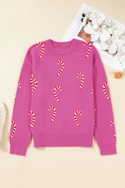 Sachet Pink Christmas Candy Cane Holiday Drop Shoulder Sweater