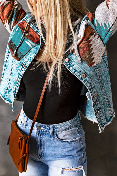 Multicolor Aztec Print Frayed Hem Denim Jacket - Roses