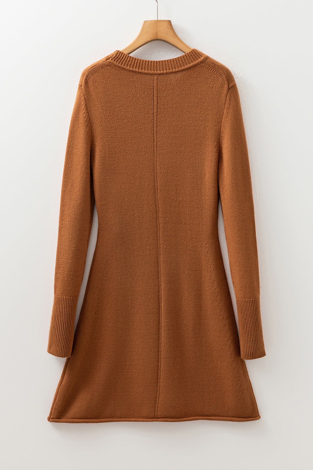 Straw Yellow Ribbed Detail Solid Color Mini Sweater Dress - Roses