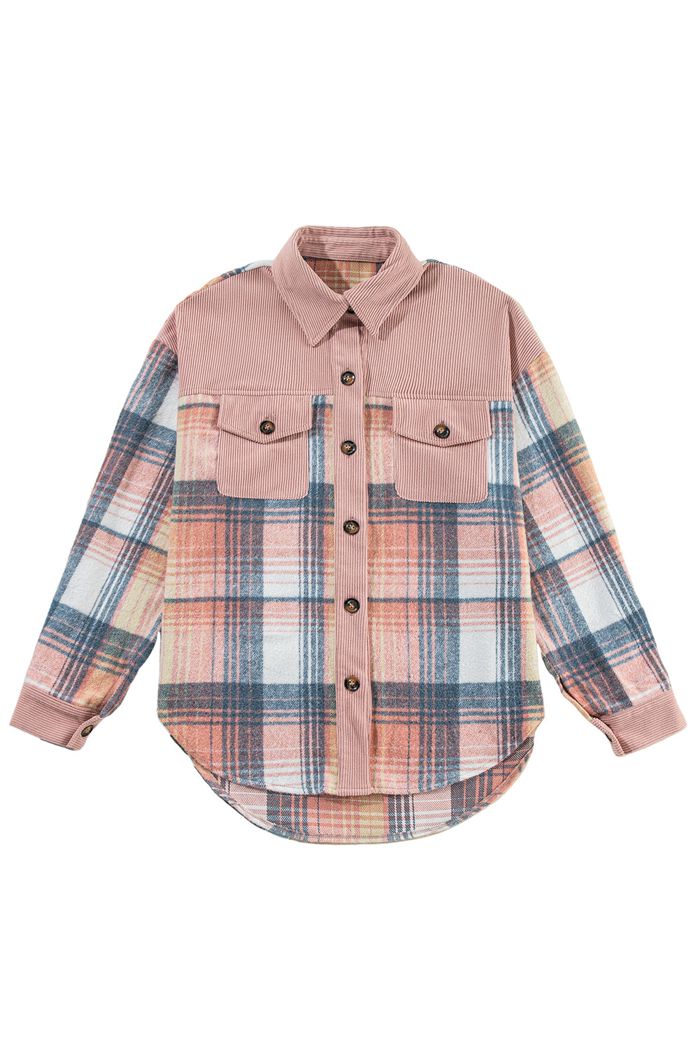 Cinnamon Plaid Corduroy Patchwork Pocket Loose Shacket - Roses