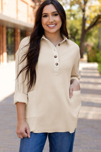 Jet Stream Waffle Long Sleeve Collar Half Button Loose Top - Roses