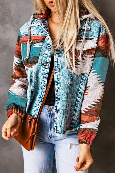 Multicolor Aztec Print Frayed Hem Denim Jacket - Roses