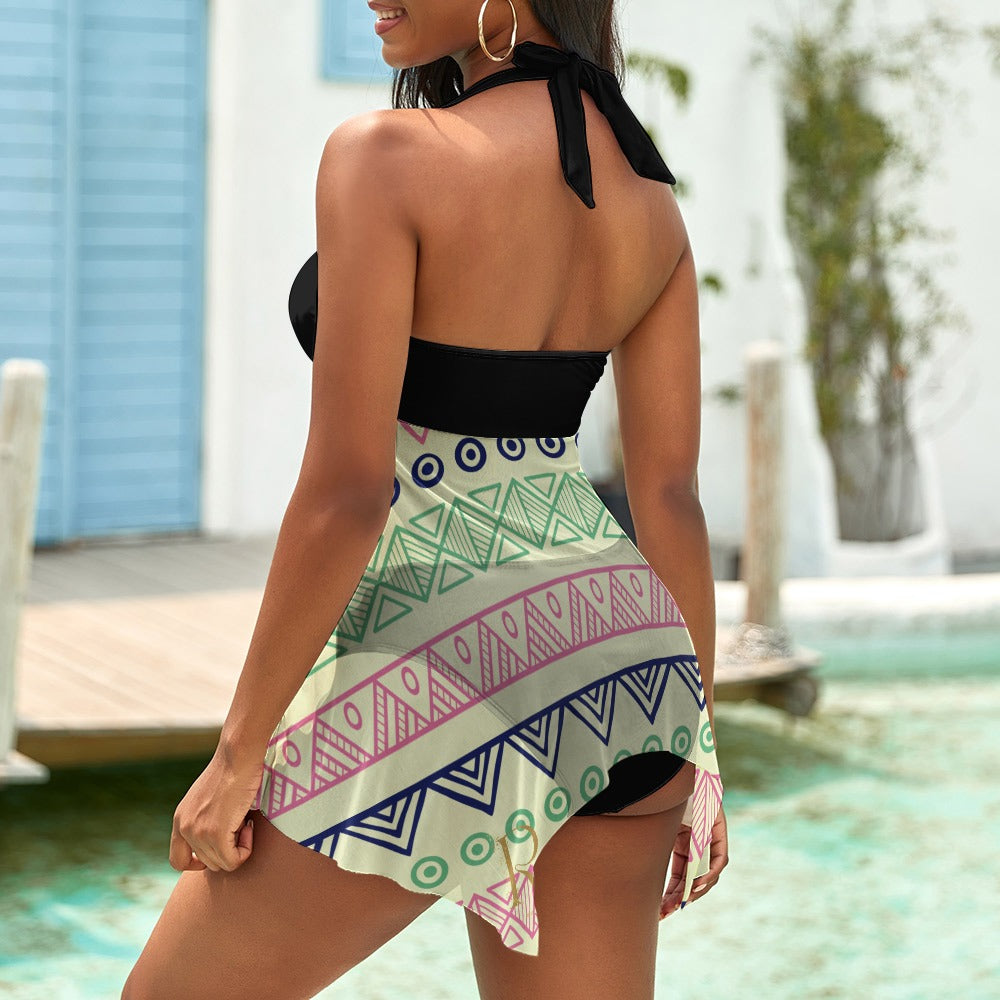 Black Print Split Skirt Swimsuit - Roses