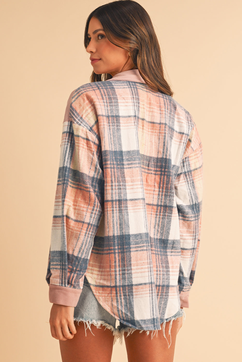 Cinnamon Plaid Corduroy Patchwork Pocket Loose Shacket - Roses