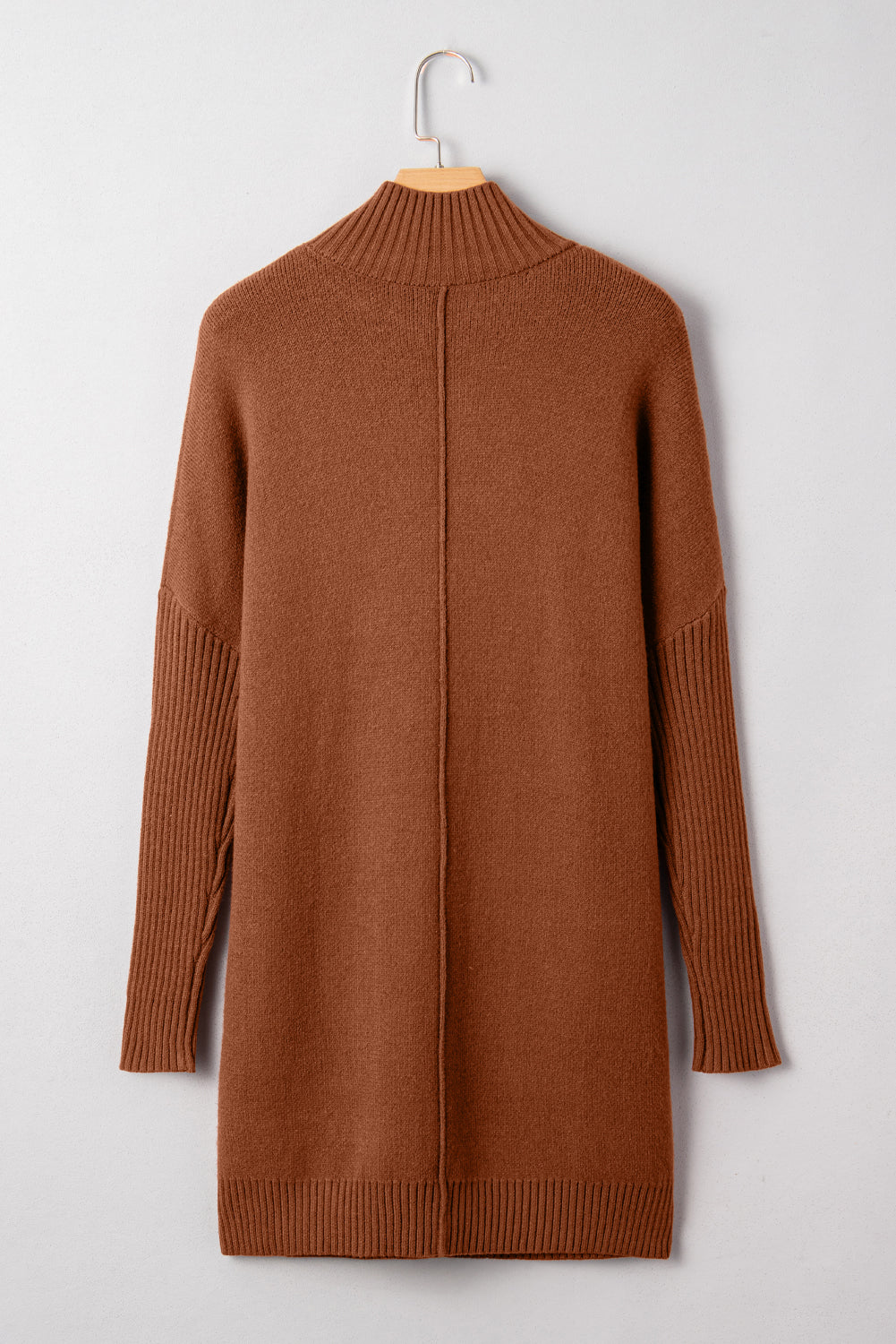 Chestnut Ribbed High Neck Front Pockets Center Seam Shift Sweater Dress - Roses