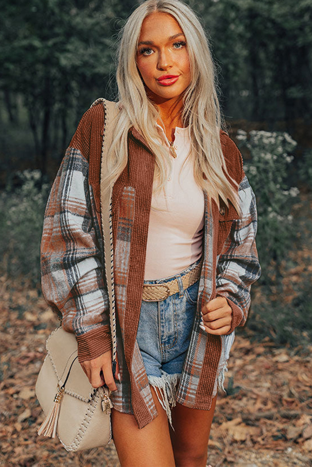 Cinnamon Plaid Corduroy Patchwork Pocket Loose Shacket - Roses