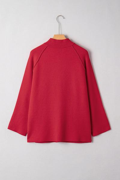 Fiery Red Solid Color Mock Collar Loose Jacket