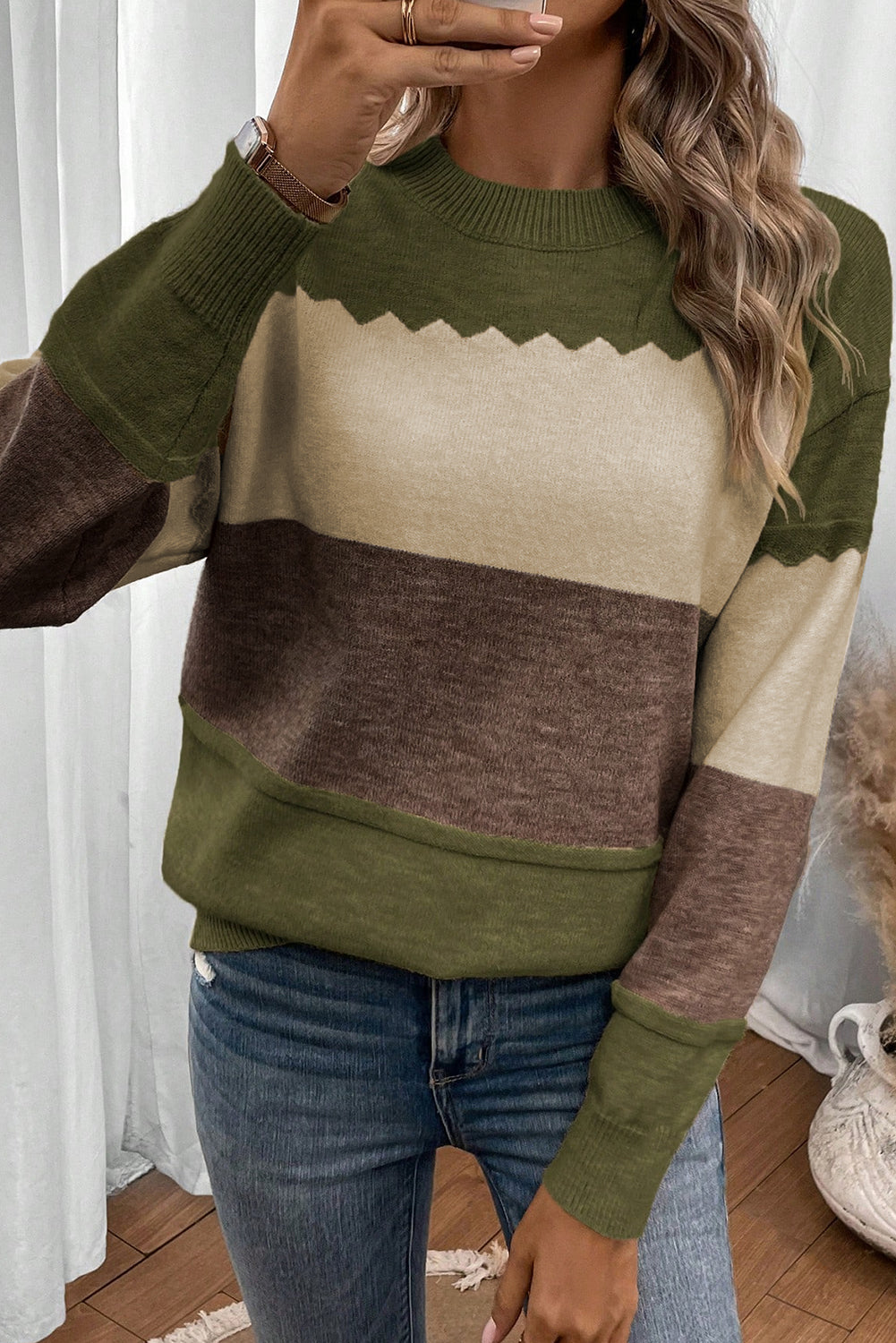 Black Colorblock Crew Neck Drop Shoulder Sweater - Roses