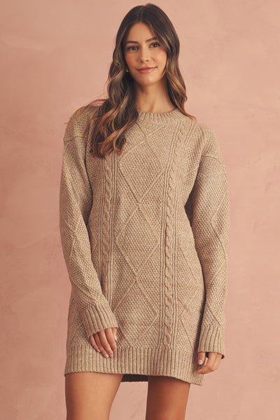 Coffee Twist Cable Knit Drop Shoulder Loose Fit Sweater Dress - Roses