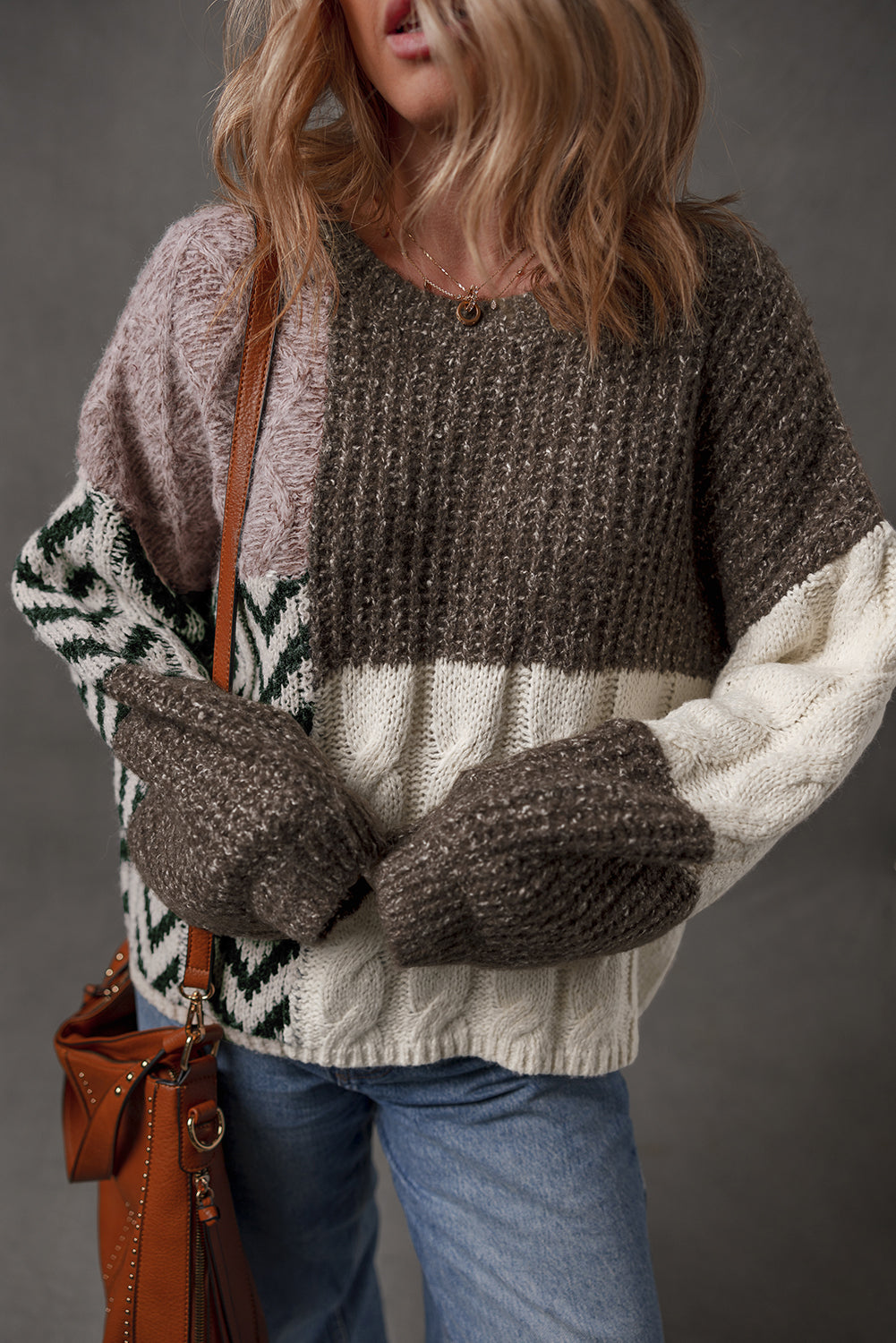 Brown Colorblock Patchwork Knotted Back Loose Fit Sweater - Roses