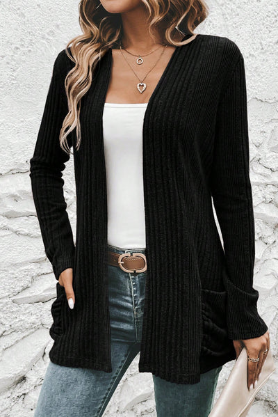 Black Ribbed Open Front Knitted Top with Pockets - Roses