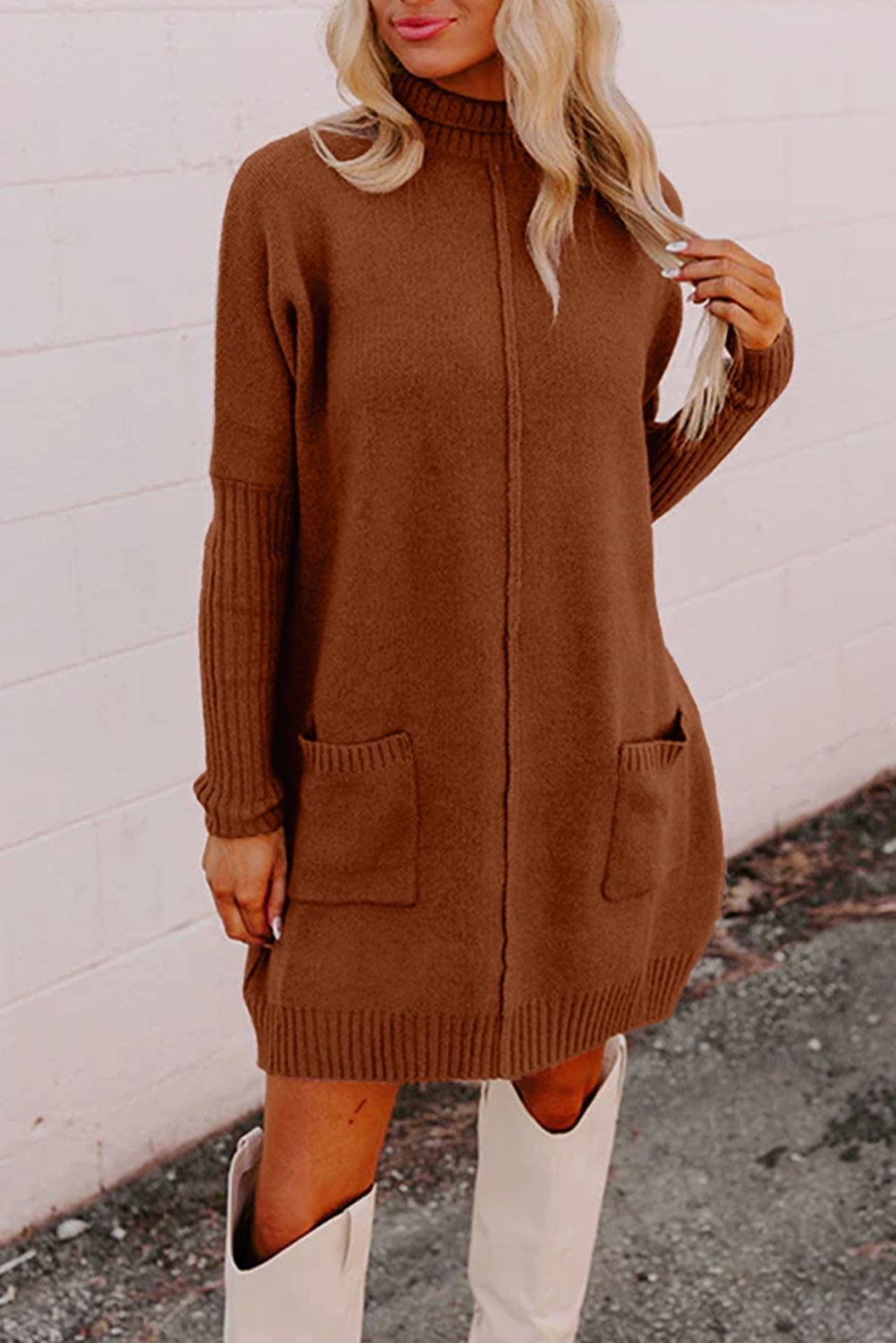 Chestnut Ribbed High Neck Front Pockets Center Seam Shift Sweater Dress - Roses