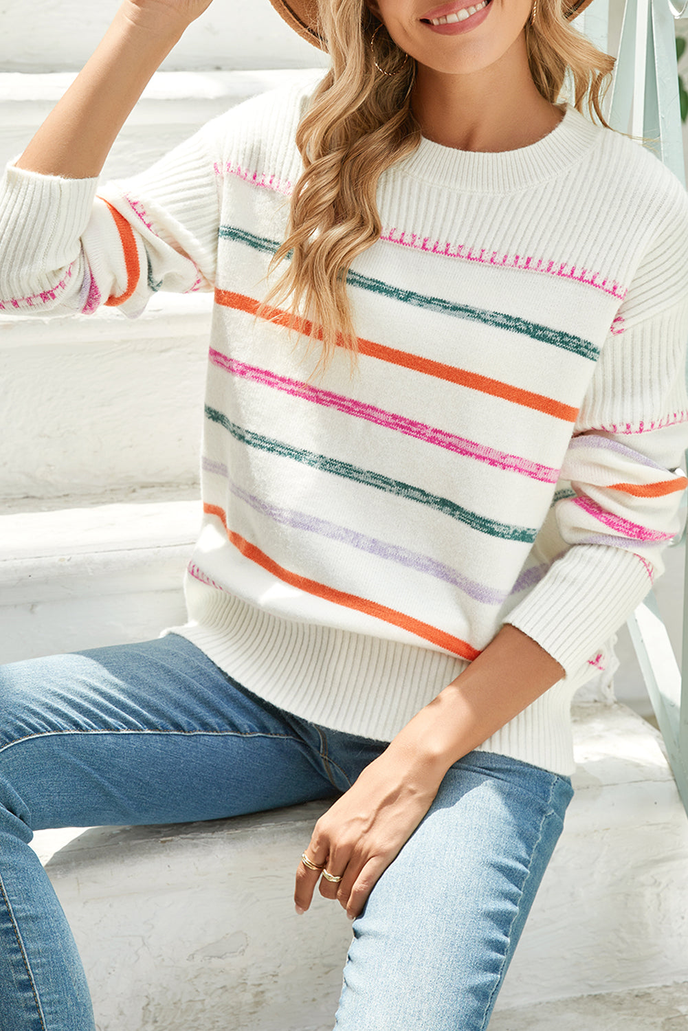 Black Colorful Striped Ribbed Trim Round Neck Sweater - Roses
