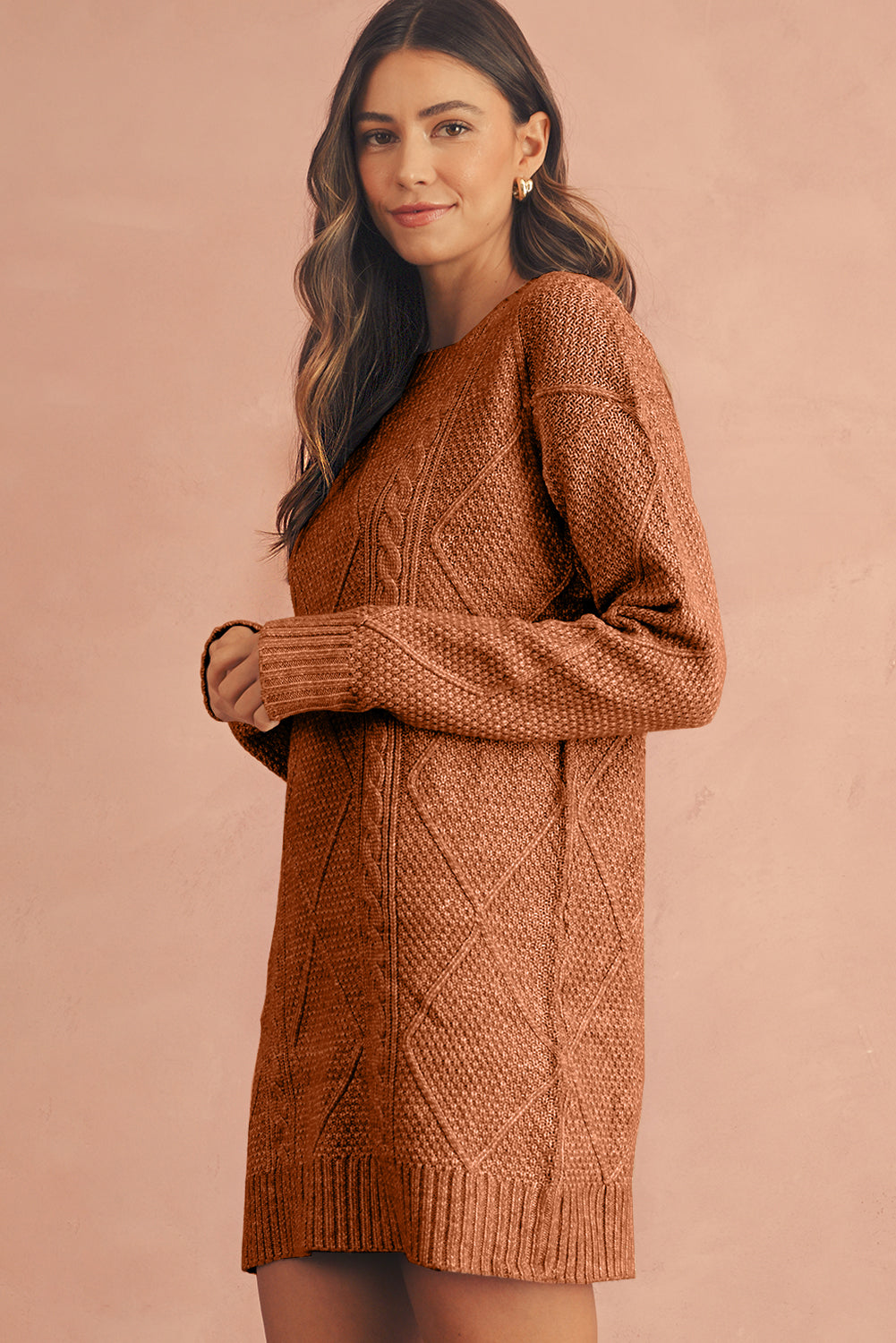 Coffee Twist Cable Knit Drop Shoulder Loose Fit Sweater Dress - Roses