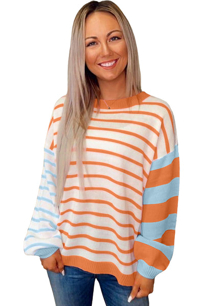 Orange Striped Colorblock Pullover Sweater - Roses