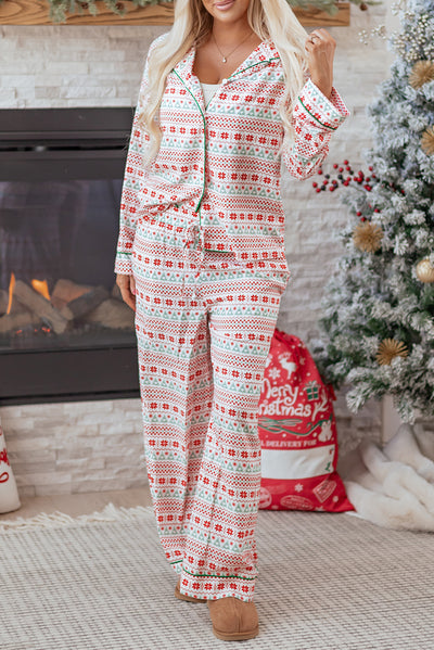 White Christmas Pattern Print Shirt Style Long 2pcs Pajama Set
