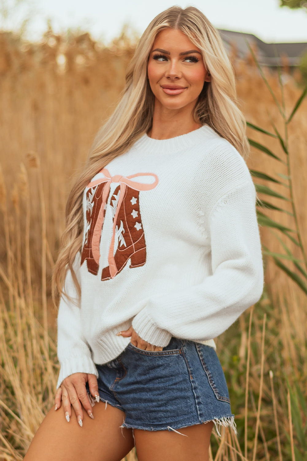White Embroidered Bow Boots Graphic Drop Shoulder Sweater - Roses
