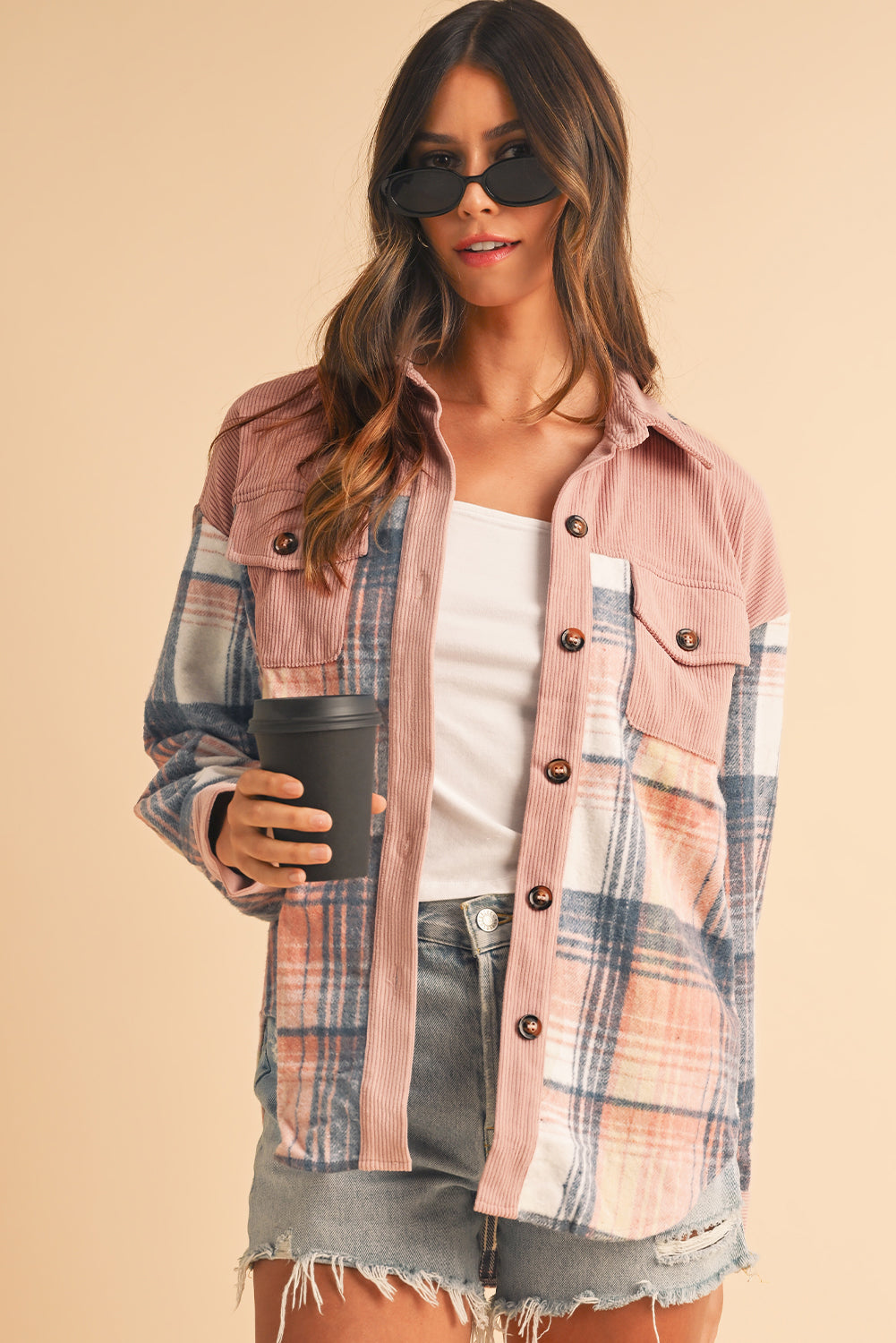 Cinnamon Plaid Corduroy Patchwork Pocket Loose Shacket - Roses