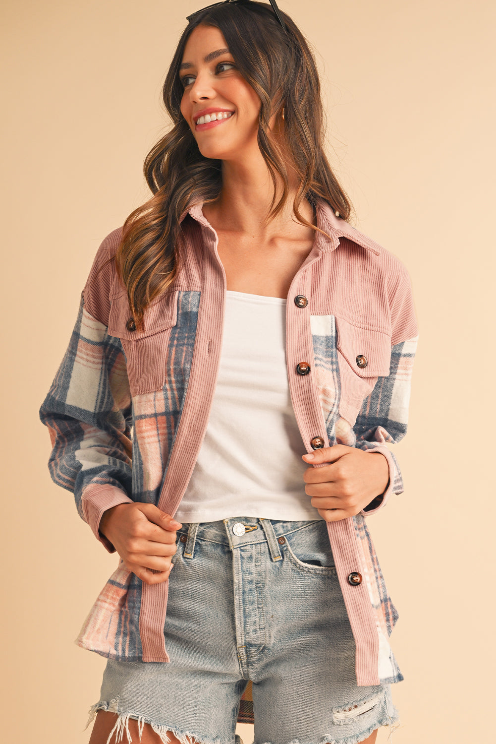 Cinnamon Plaid Corduroy Patchwork Pocket Loose Shacket - Roses