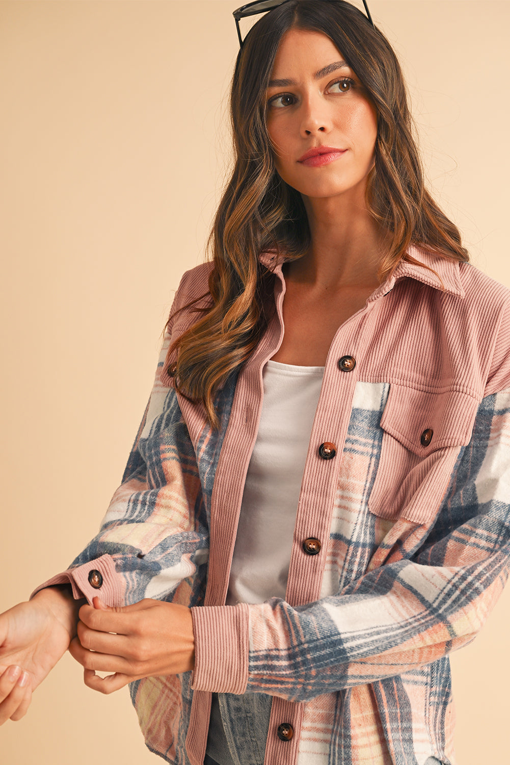 Cinnamon Plaid Corduroy Patchwork Pocket Loose Shacket - Roses