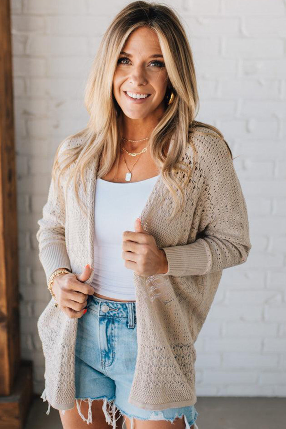 Redwood Burl Mix Pattern Hollow Knit Open Front Cardigan - Roses