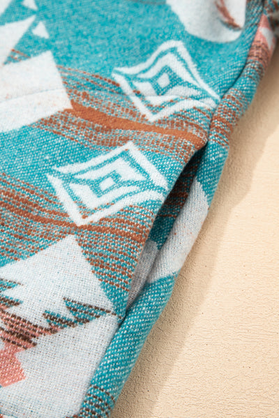 Green Quarter Zip Elastic Cuffs Aztec Sweatshirt