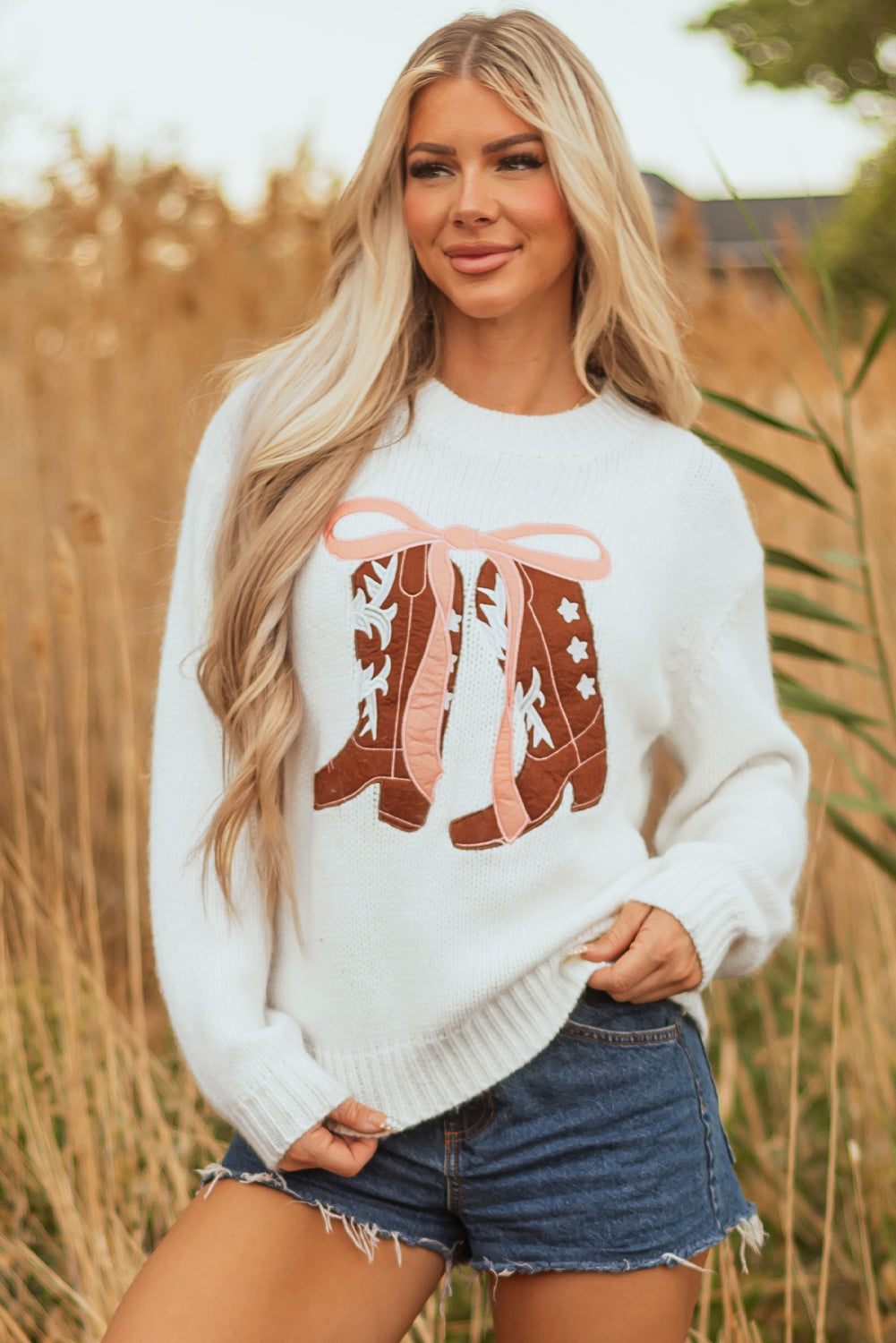 White Embroidered Bow Boots Graphic Drop Shoulder Sweater - Roses