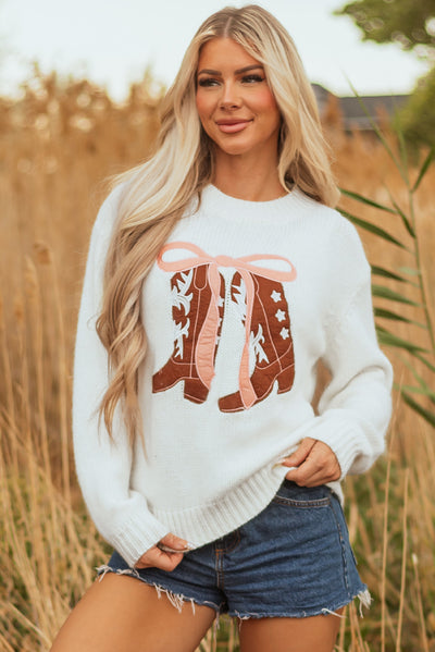 White Embroidered Bow Boots Graphic Drop Shoulder Sweater - Roses