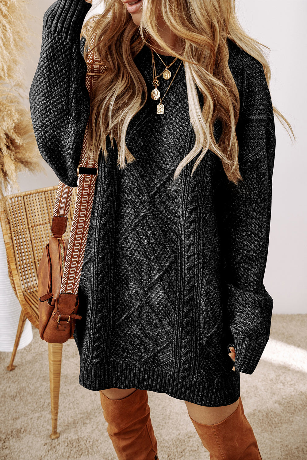 Parchment Cable Knit Drop Shoulder Loose Fit Sweater Dress - Roses