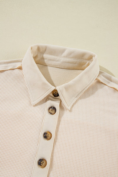 Jet Stream Waffle Long Sleeve Collar Half Button Loose Top - Roses