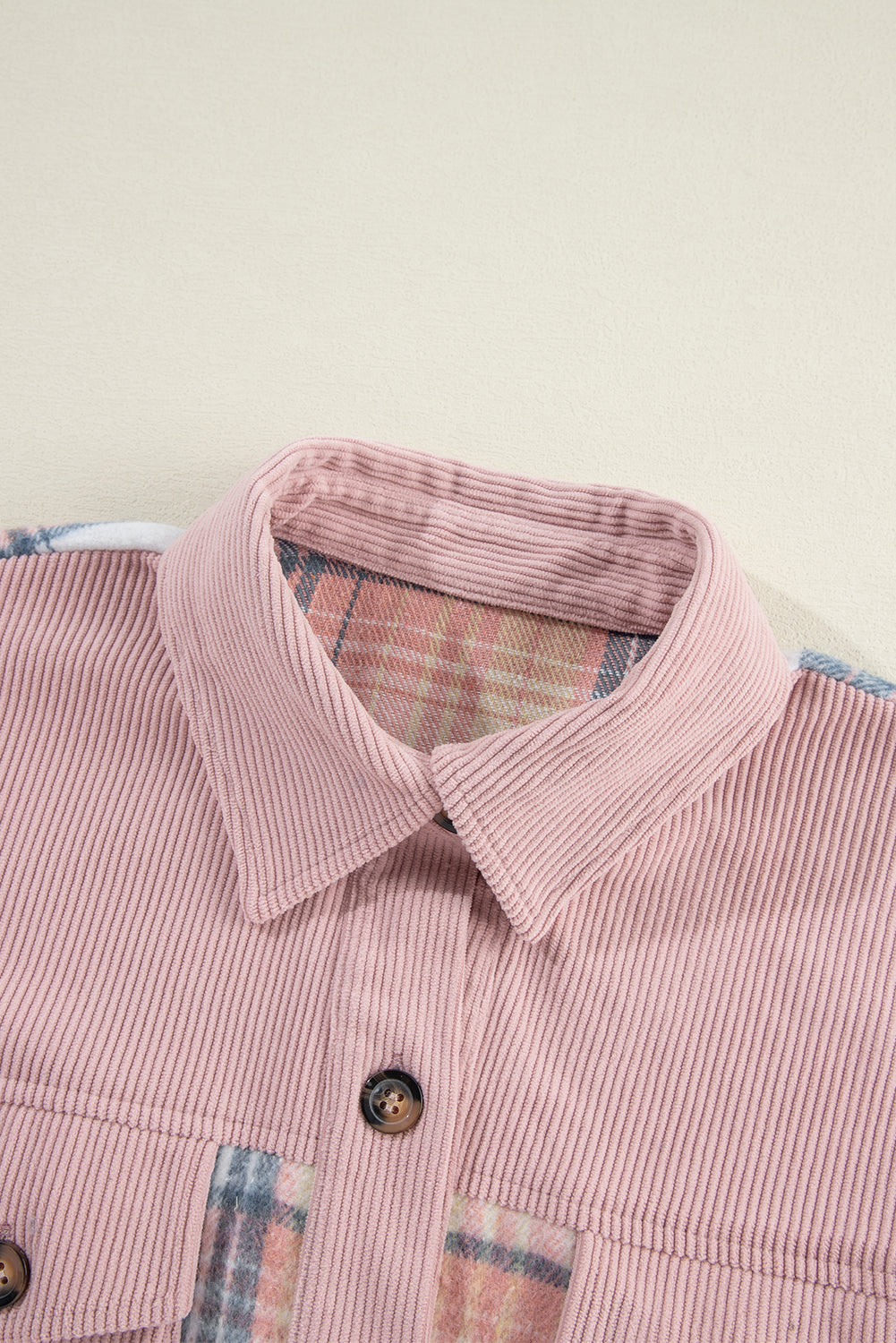 Cinnamon Plaid Corduroy Patchwork Pocket Loose Shacket - Roses