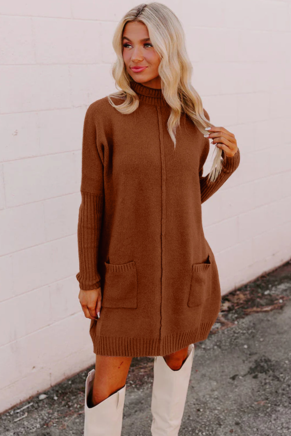 Chestnut Ribbed High Neck Front Pockets Center Seam Shift Sweater Dress - Roses