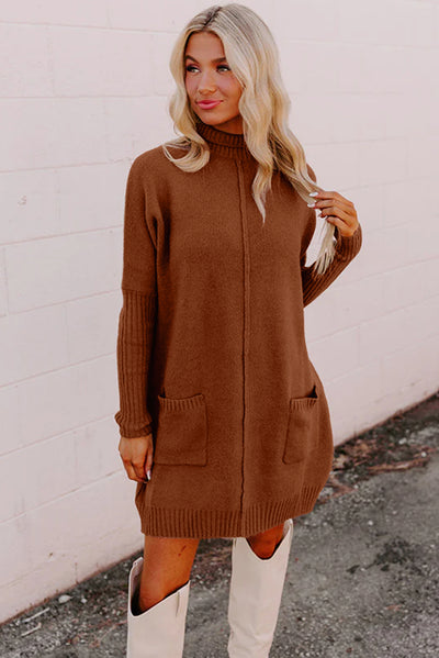 Chestnut Ribbed High Neck Front Pockets Center Seam Shift Sweater Dress - Roses