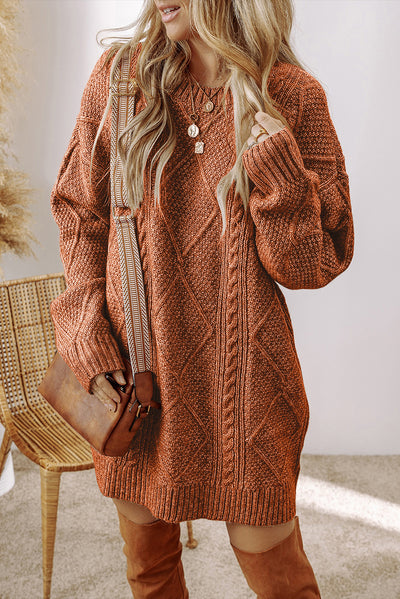 Coffee Twist Cable Knit Drop Shoulder Loose Fit Sweater Dress - Roses
