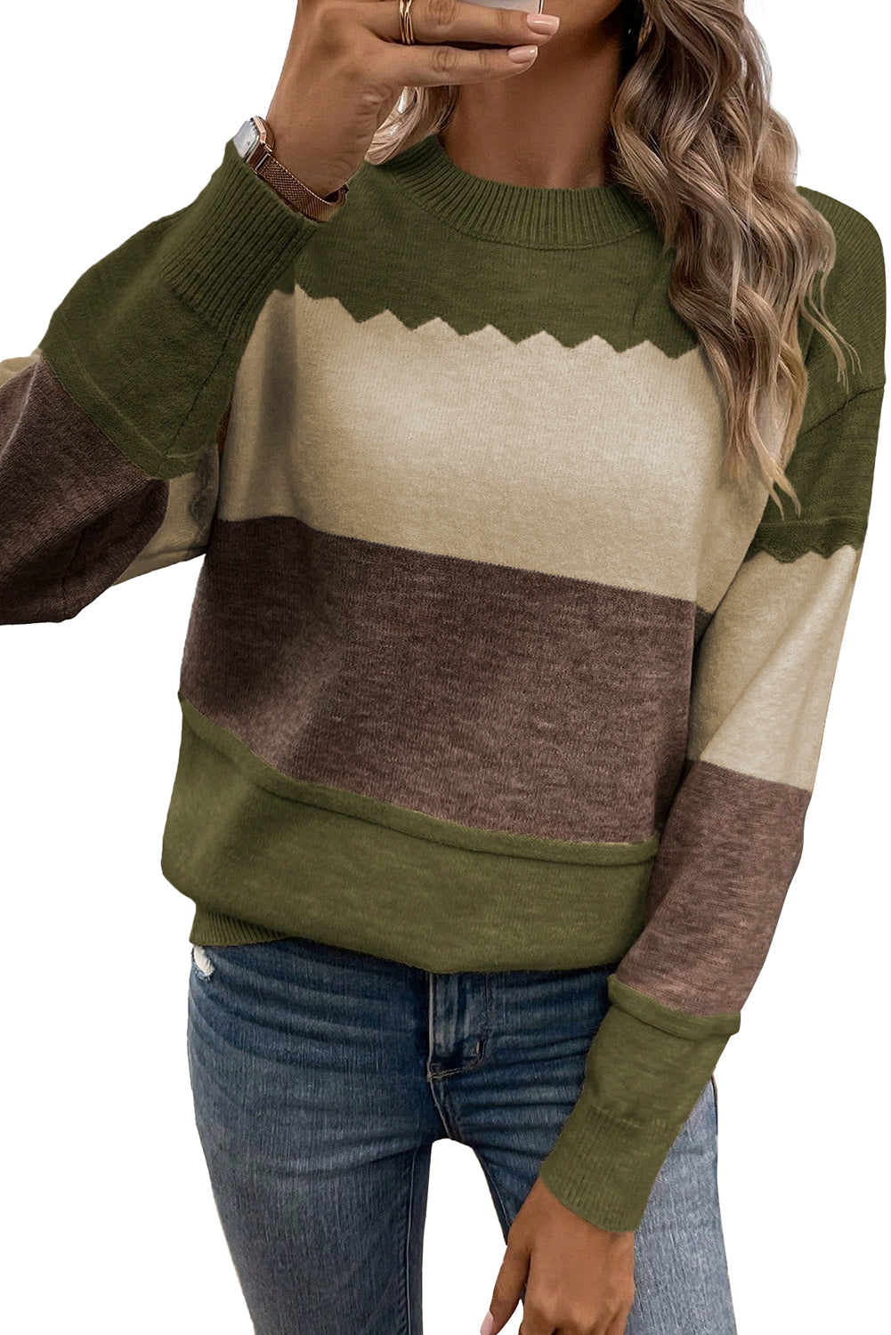 Black Colorblock Crew Neck Drop Shoulder Sweater - Roses