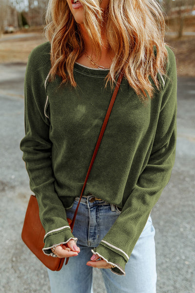 Green Textured Round Neck Long Sleeve Top - Roses