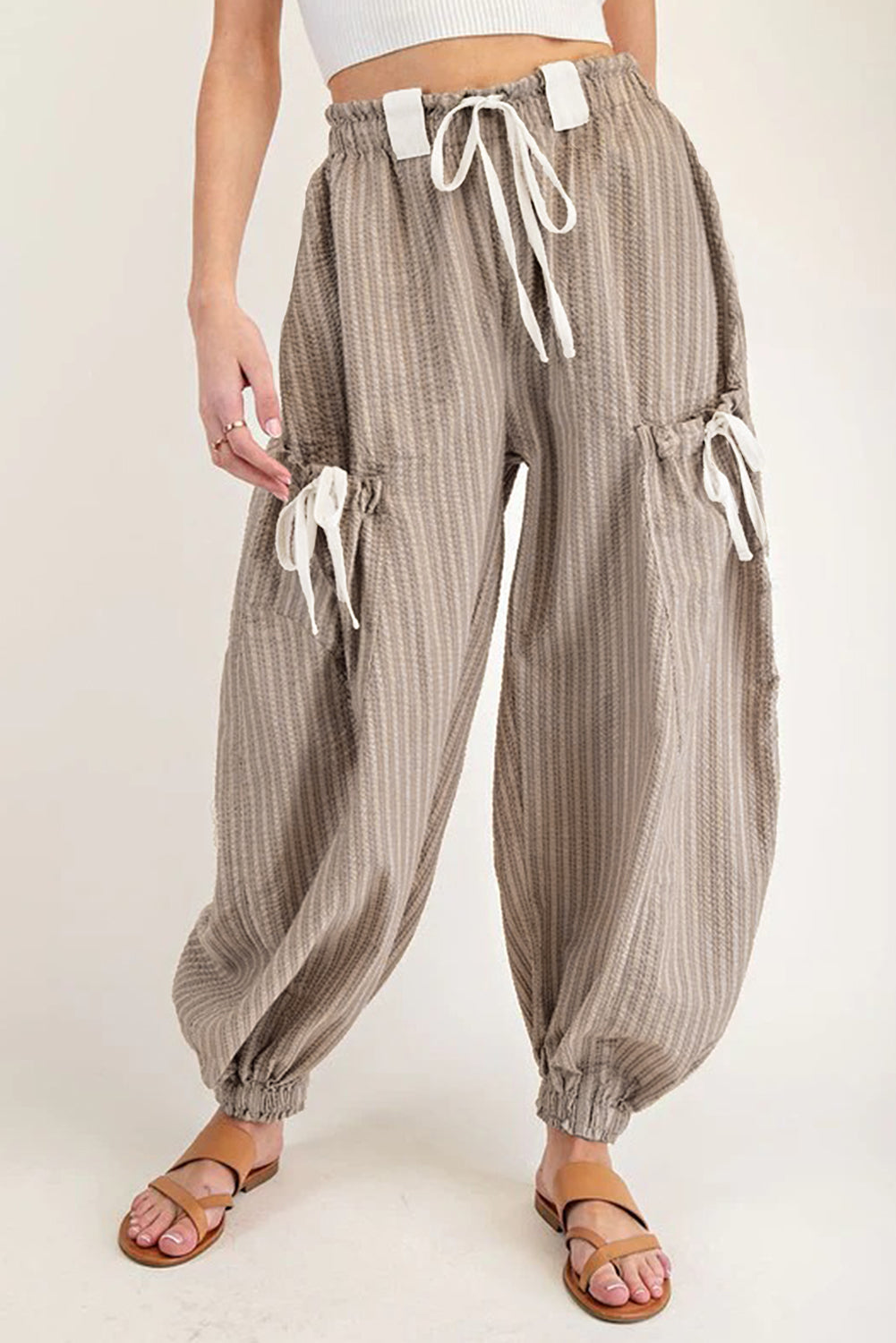 Brown Striped Pocket Knot Detail Lantern Pants