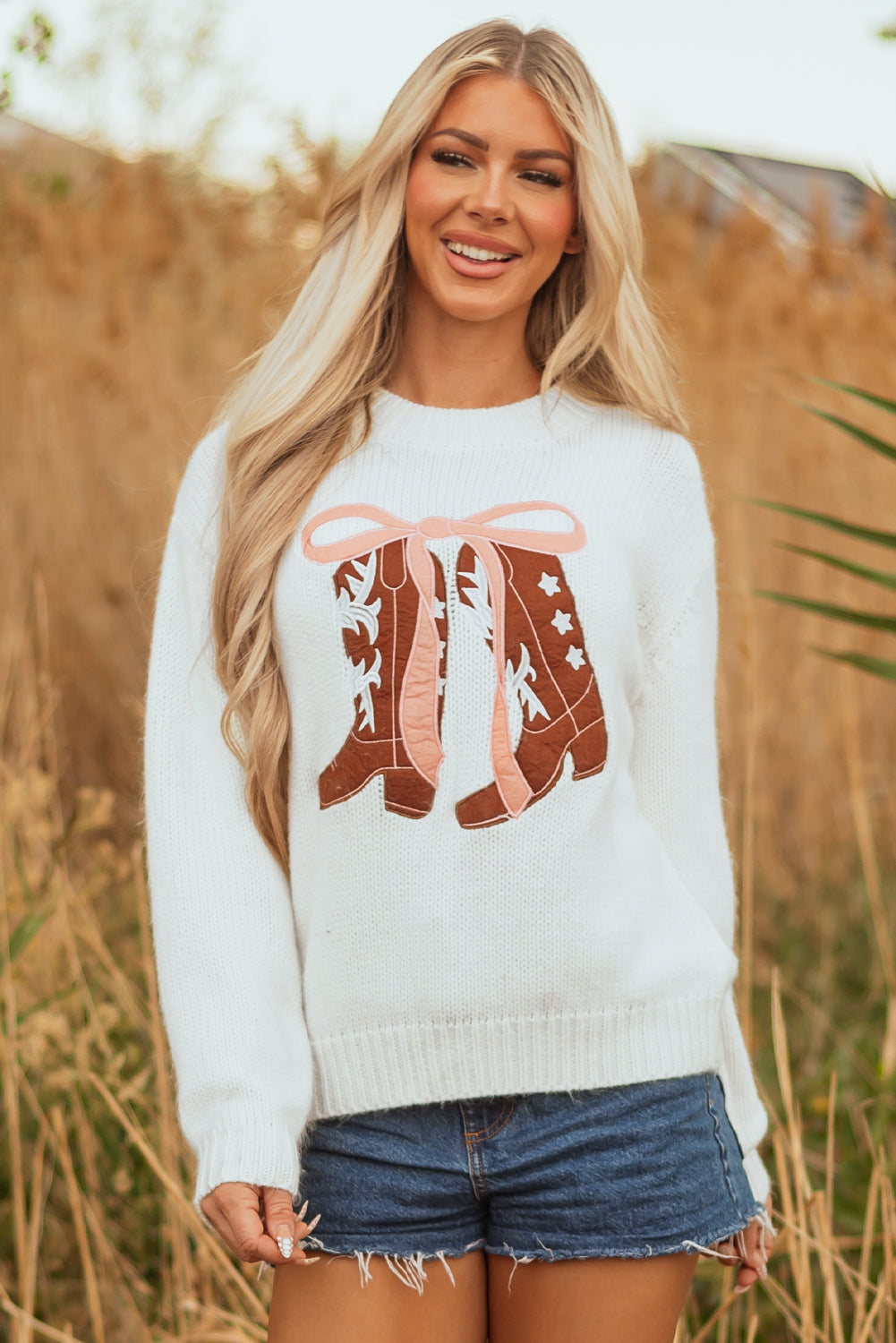White Embroidered Bow Boots Graphic Drop Shoulder Sweater - Roses