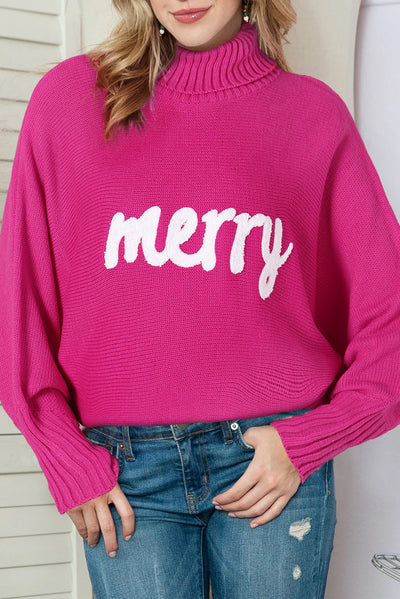 Fiery Red Merry Letter Embroidered High Neck Sweater