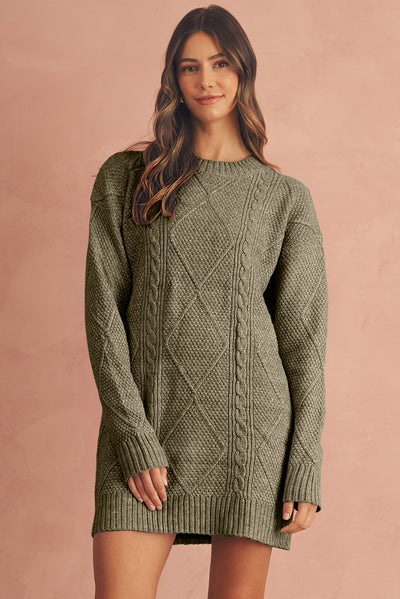 Coffee Twist Cable Knit Drop Shoulder Loose Fit Sweater Dress - Roses