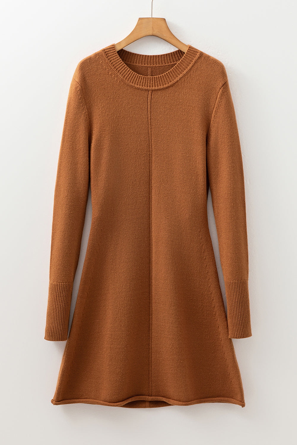 Straw Yellow Ribbed Detail Solid Color Mini Sweater Dress - Roses