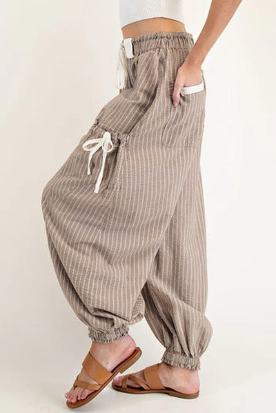 Brown Striped Pocket Knot Detail Lantern Pants