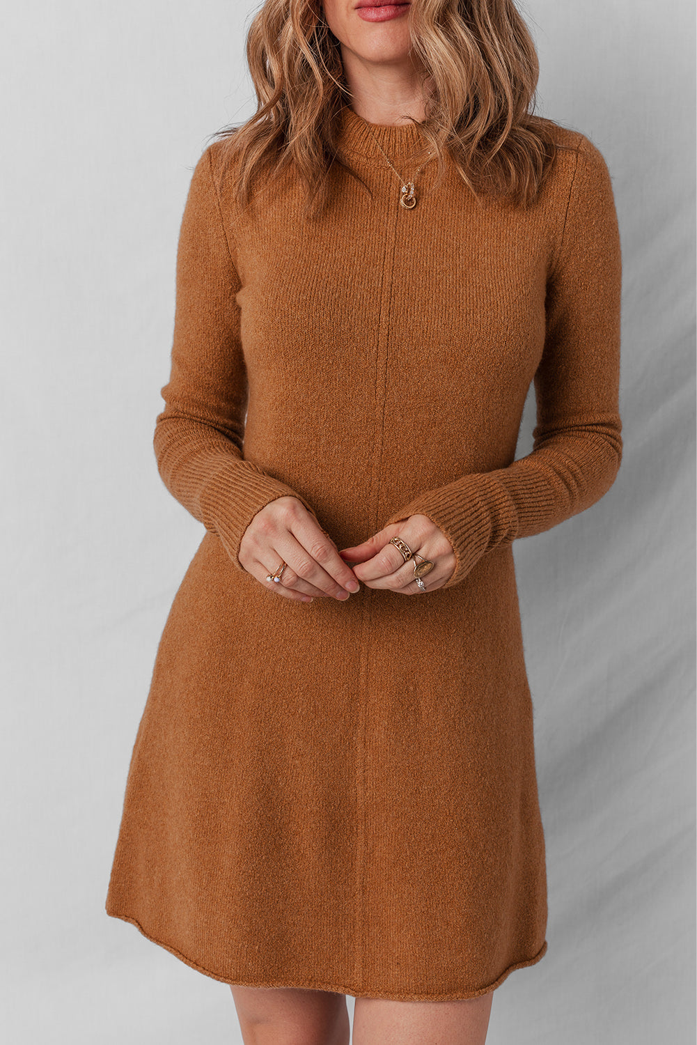 Straw Yellow Ribbed Detail Solid Color Mini Sweater Dress - Roses