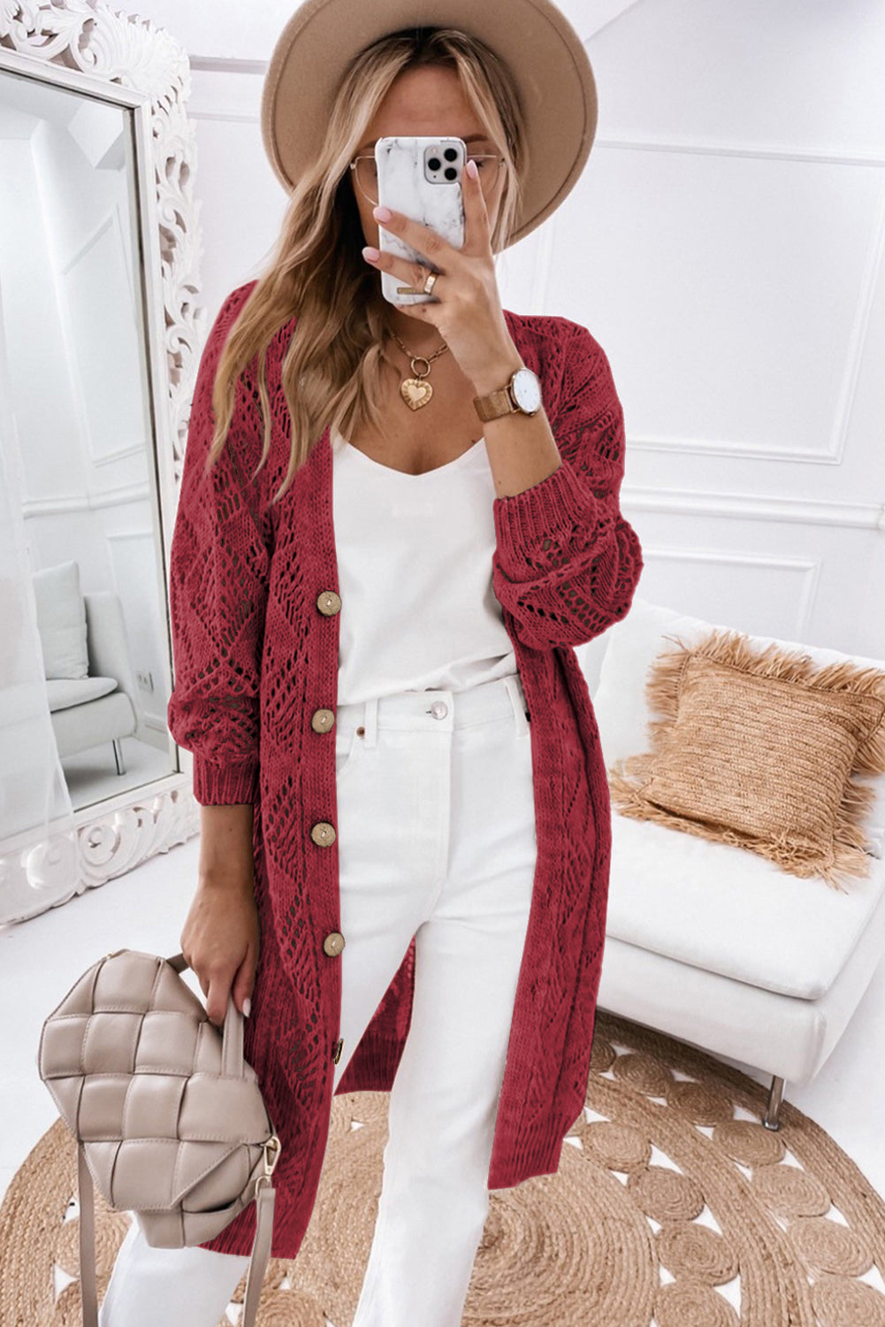 Red Button Up Hollow Out Loose Long Cardigan - Roses