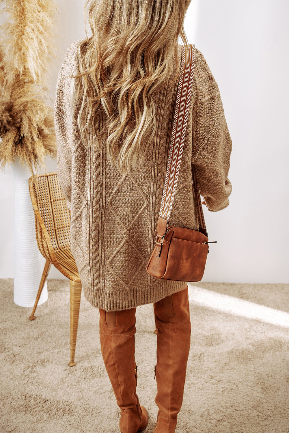 Parchment Cable Knit Drop Shoulder Loose Fit Sweater Dress - Roses