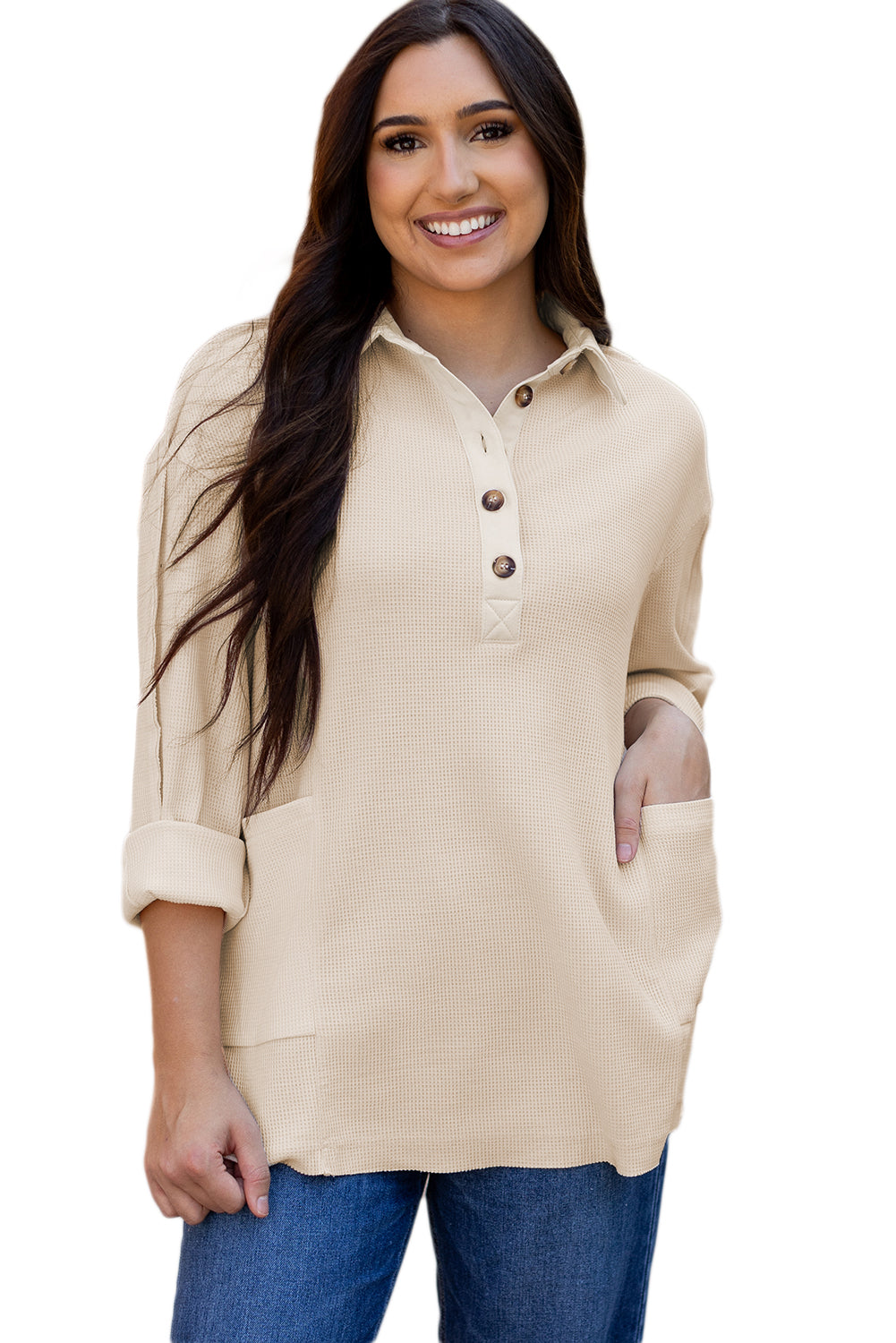 Jet Stream Waffle Long Sleeve Collar Half Button Loose Top - Roses