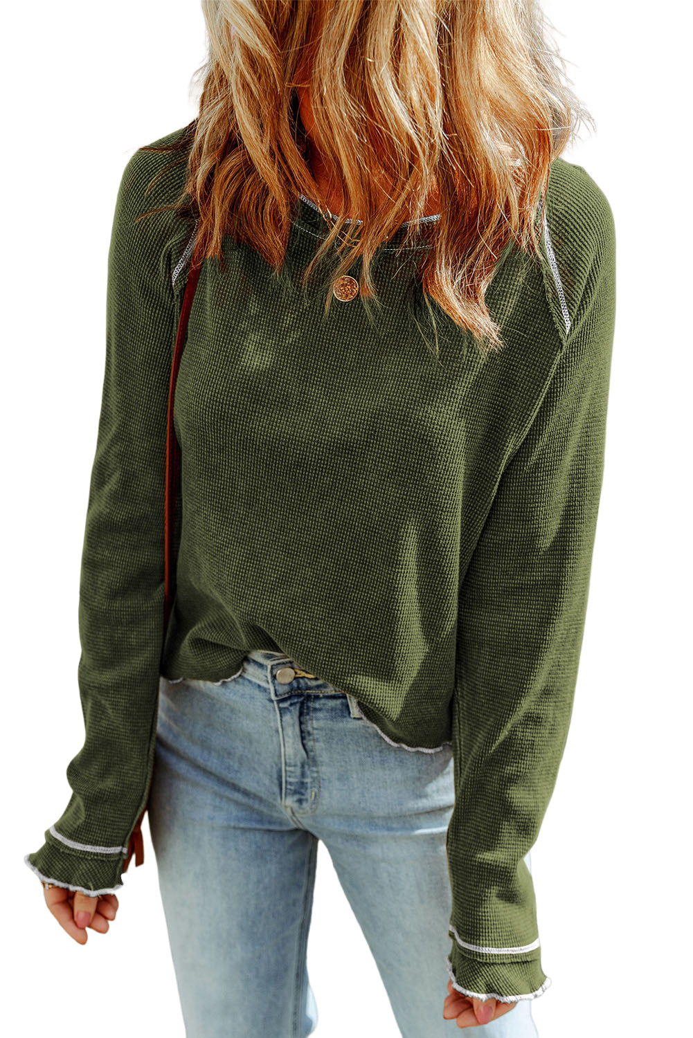 Green Textured Round Neck Long Sleeve Top - Roses