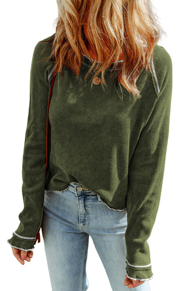 Green Textured Round Neck Long Sleeve Top - Roses