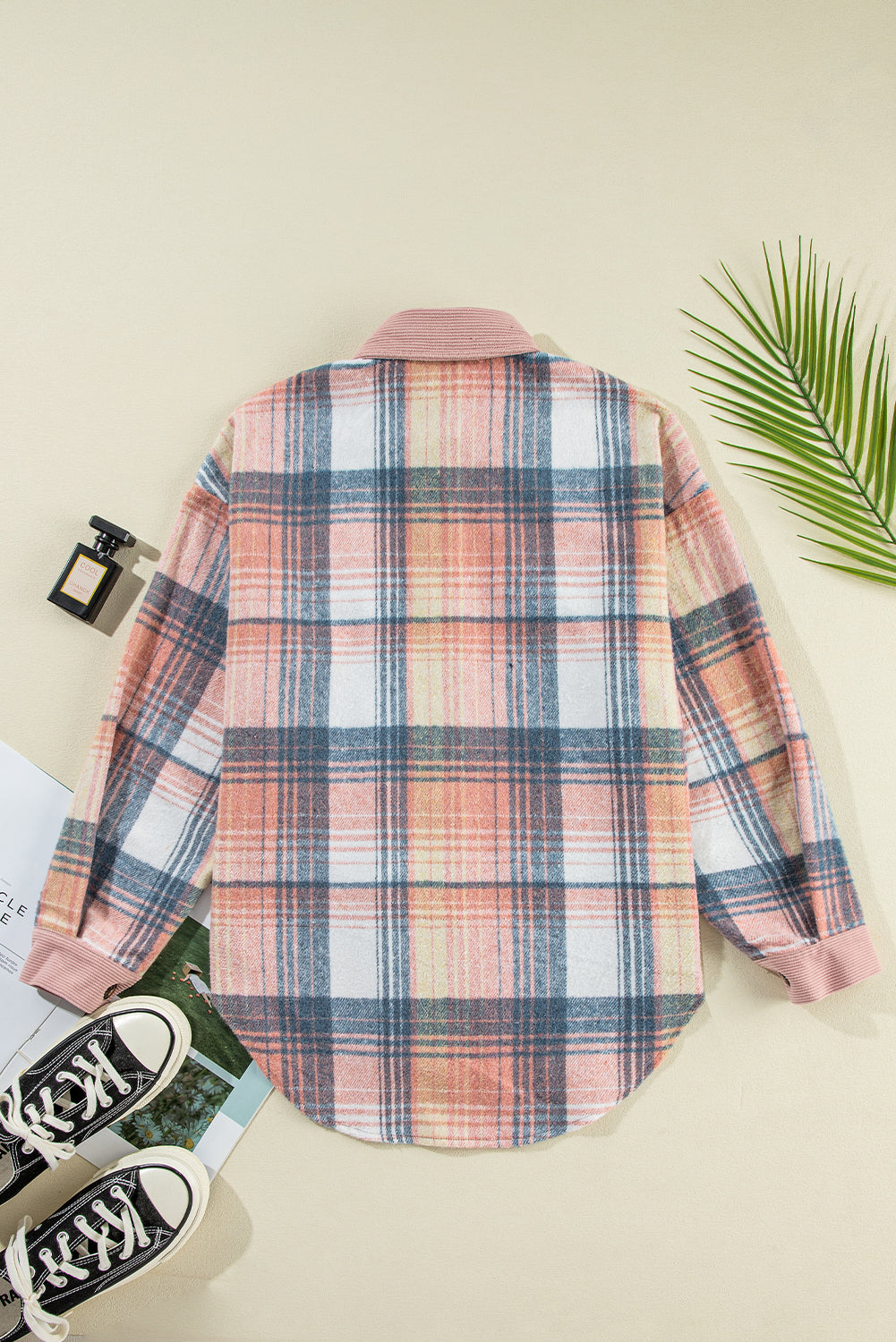 Cinnamon Plaid Corduroy Patchwork Pocket Loose Shacket - Roses